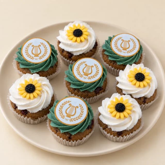 Custom cookie cake bites with green and white buttercream, sunflower toppers and gold logo discs
