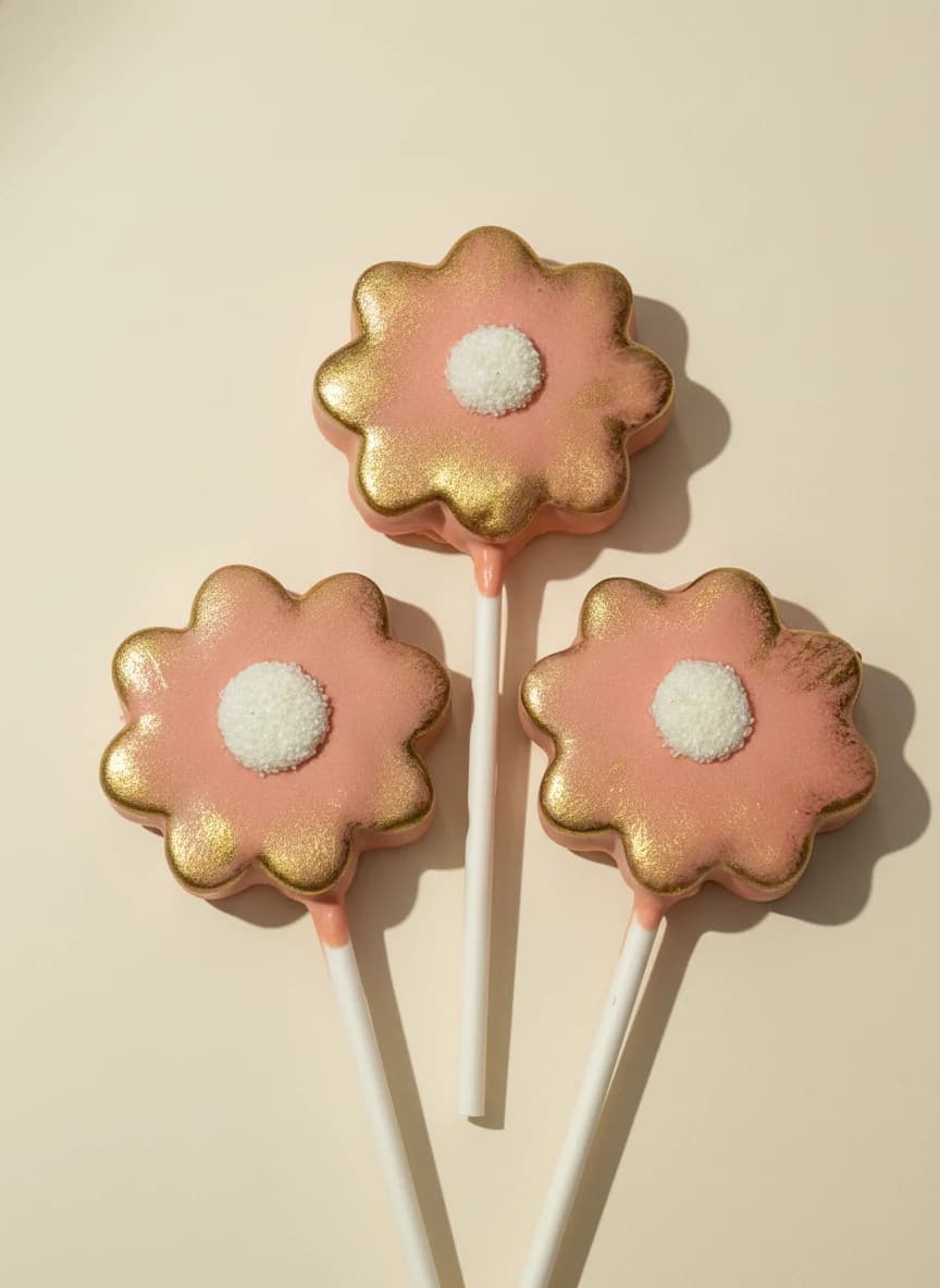 Pink and gold flower-shaped cake pops with white centers.