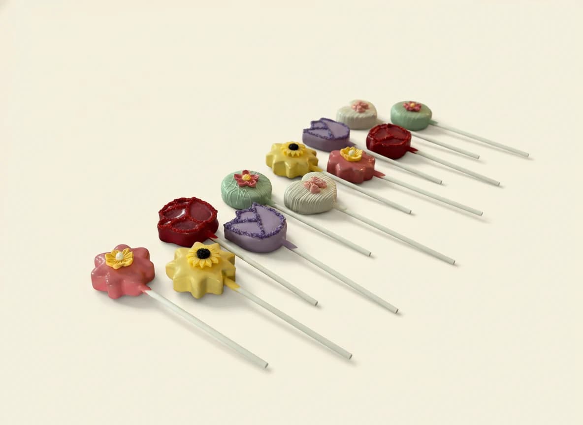 Mixed mini cake pop arrangement with sunflowers, peace signs, and rose accents.