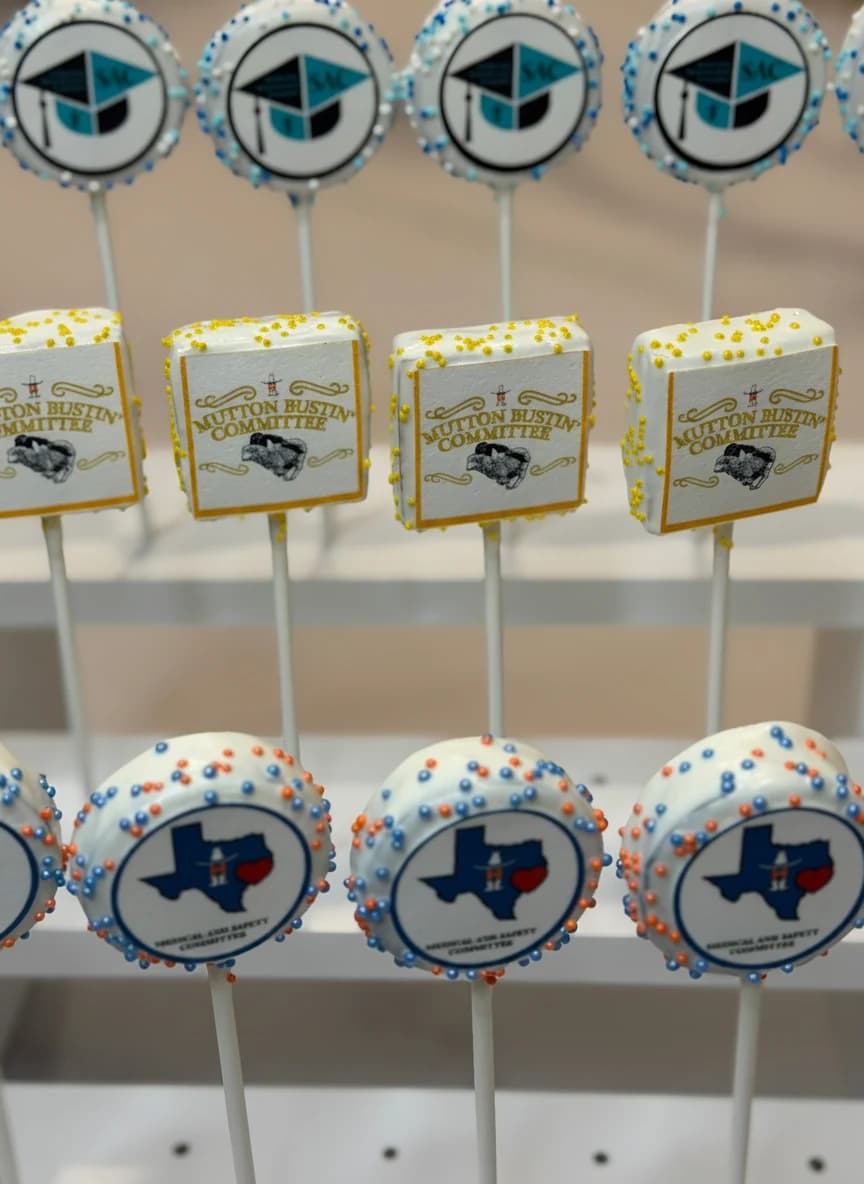 Photo / logo cake pops featuring a graduation cap and event committee logos.
