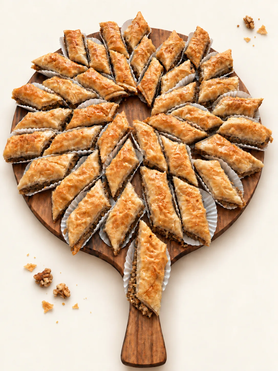 Walnut baklava arranged on a wooden serving board, each piece in its own paper cup.