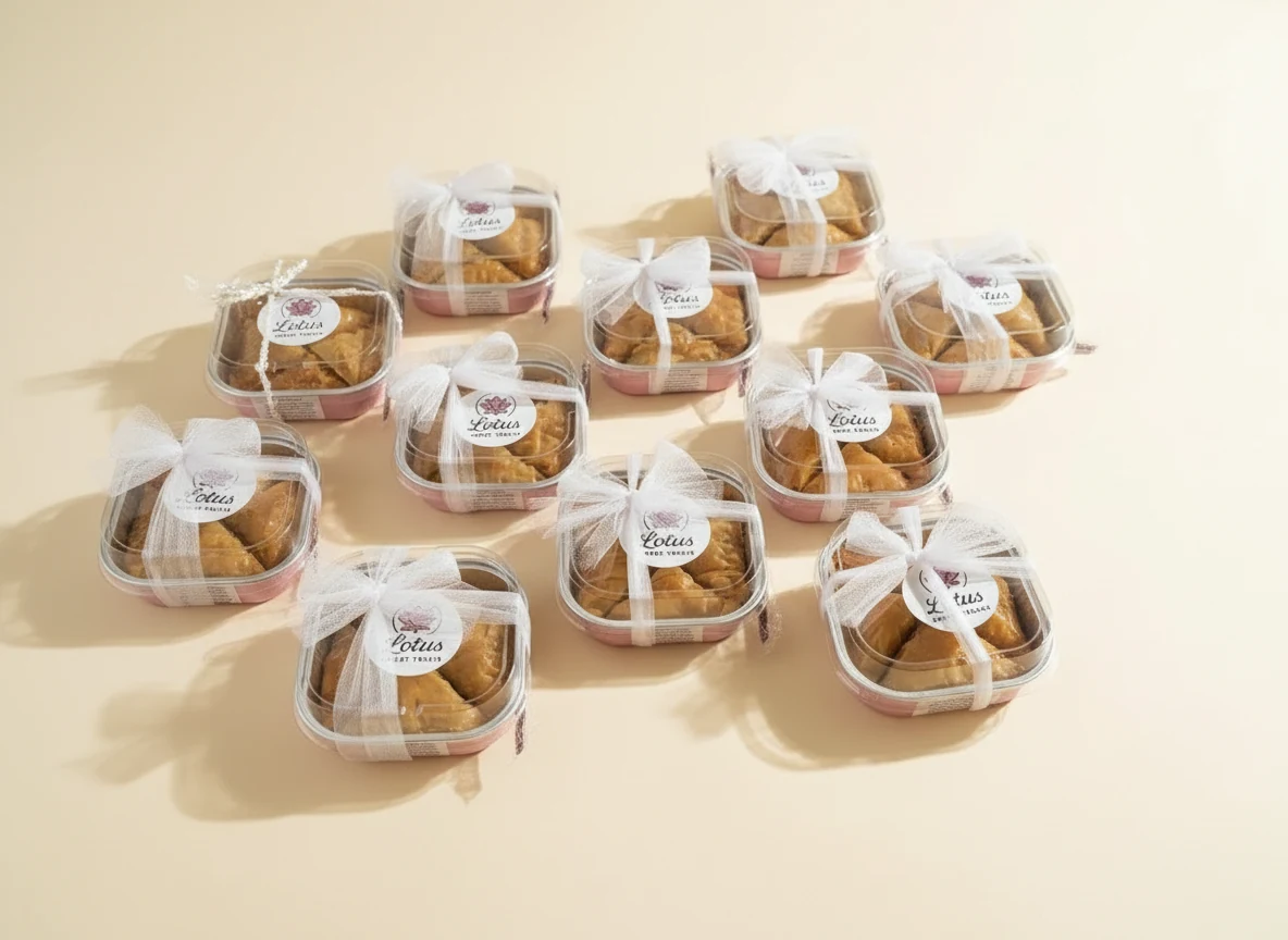 Individual baklava servings packaged in branded boxes with tulle ribbon.