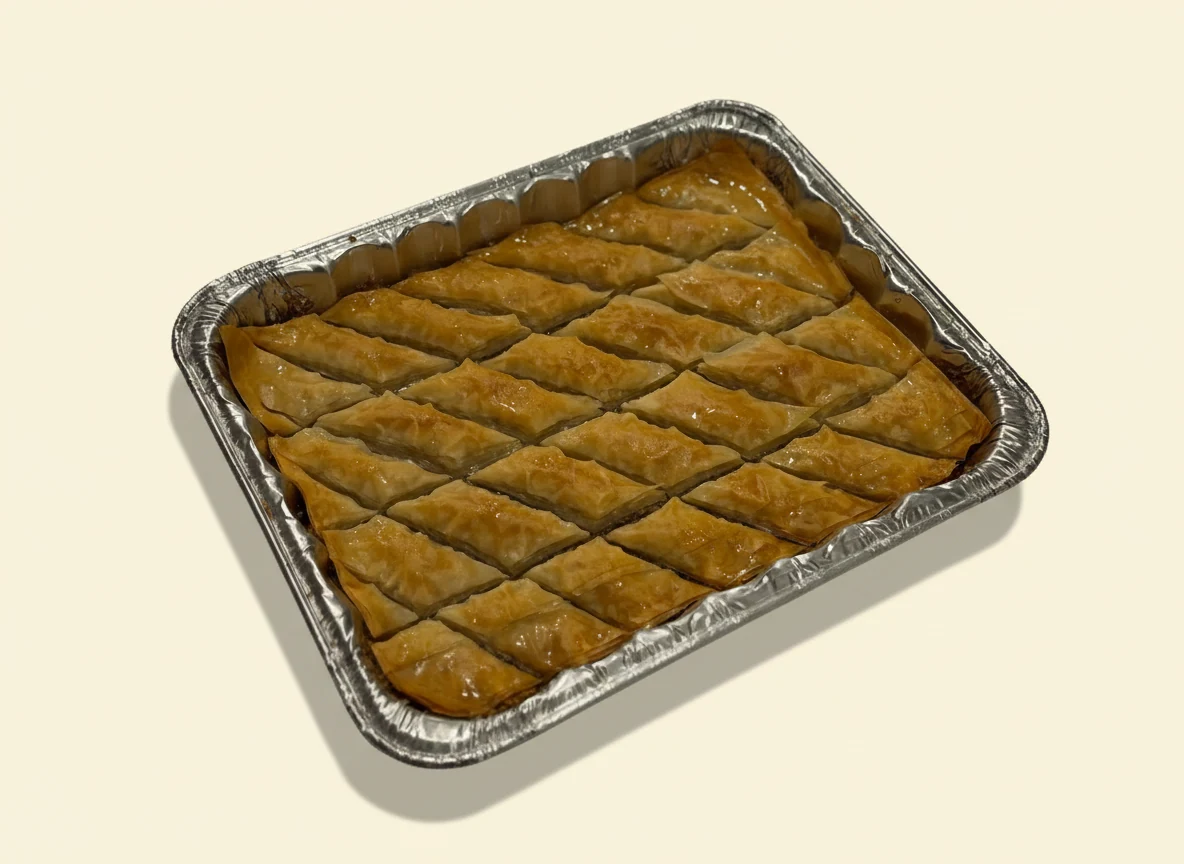 Walnut baklava tray, full overhead view.