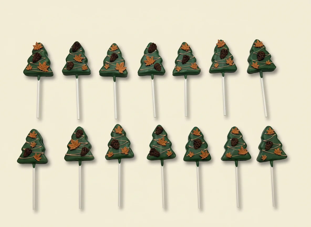 Pine-tree-shaped cake pops with pinecone and fall leaf decoration.