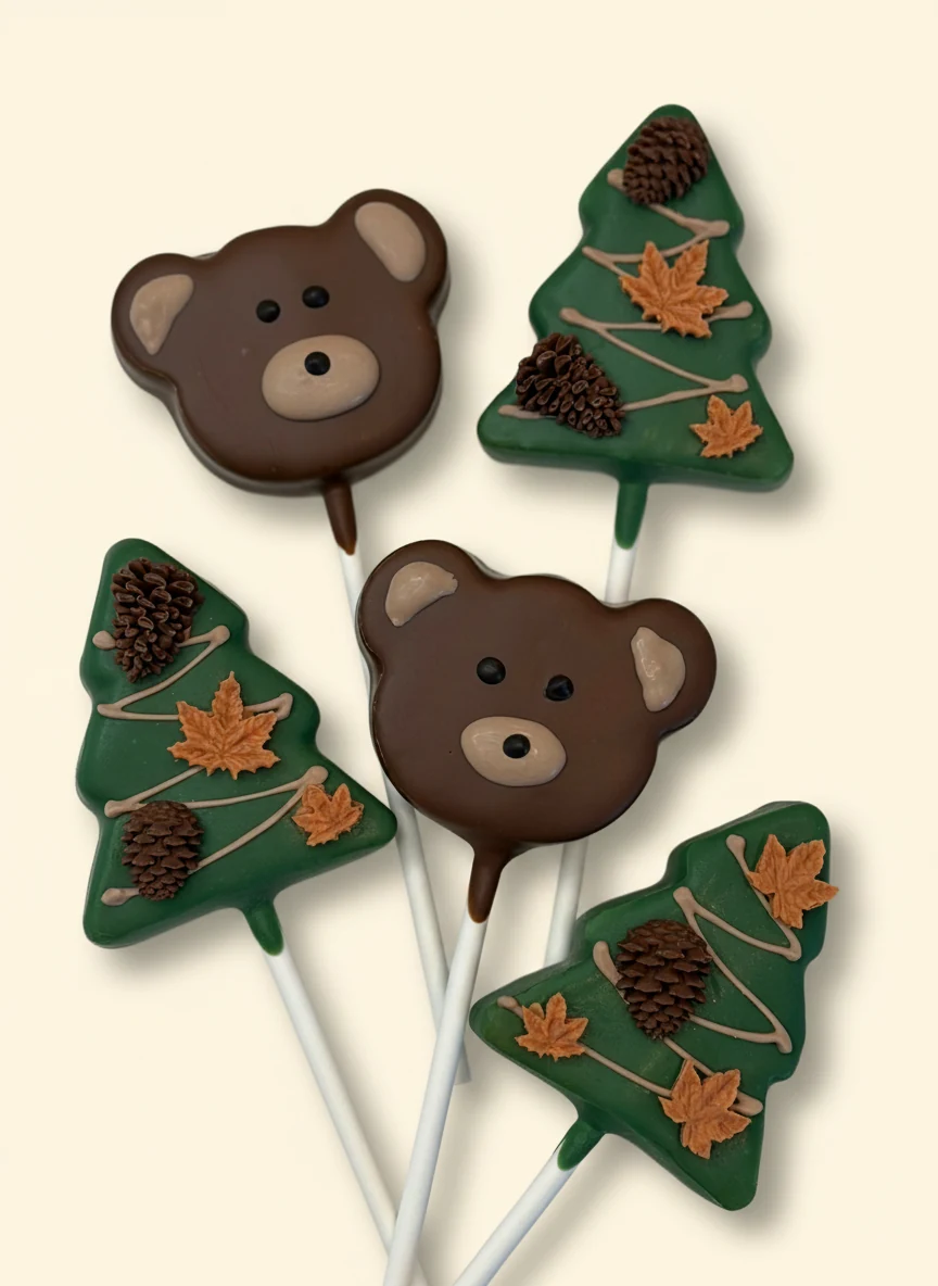 Bear face and pine tree shaped cake pops with chocolate decoration.