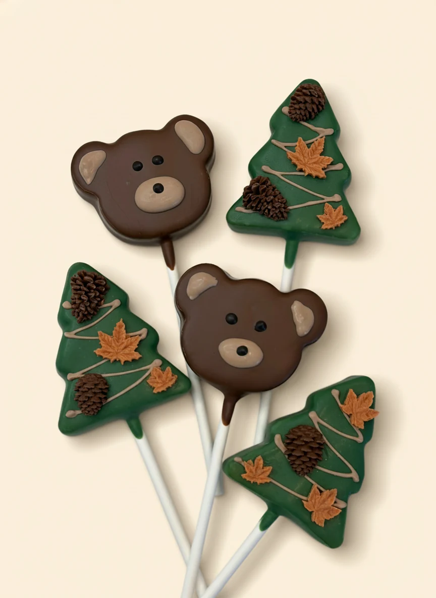 Bear face and pine tree shaped cake pops in chocolate.