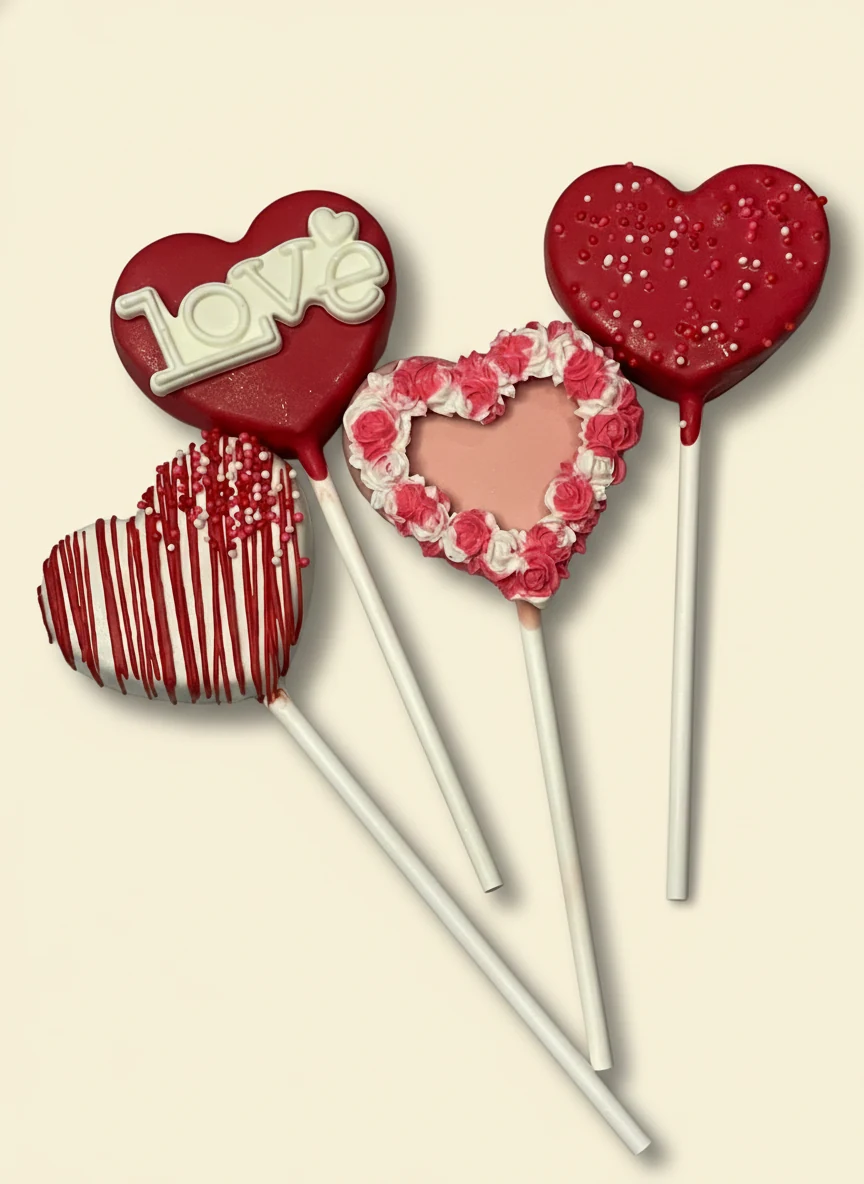 Valentine's cake pops including a 'love' heart and a rose-bordered heart frame.