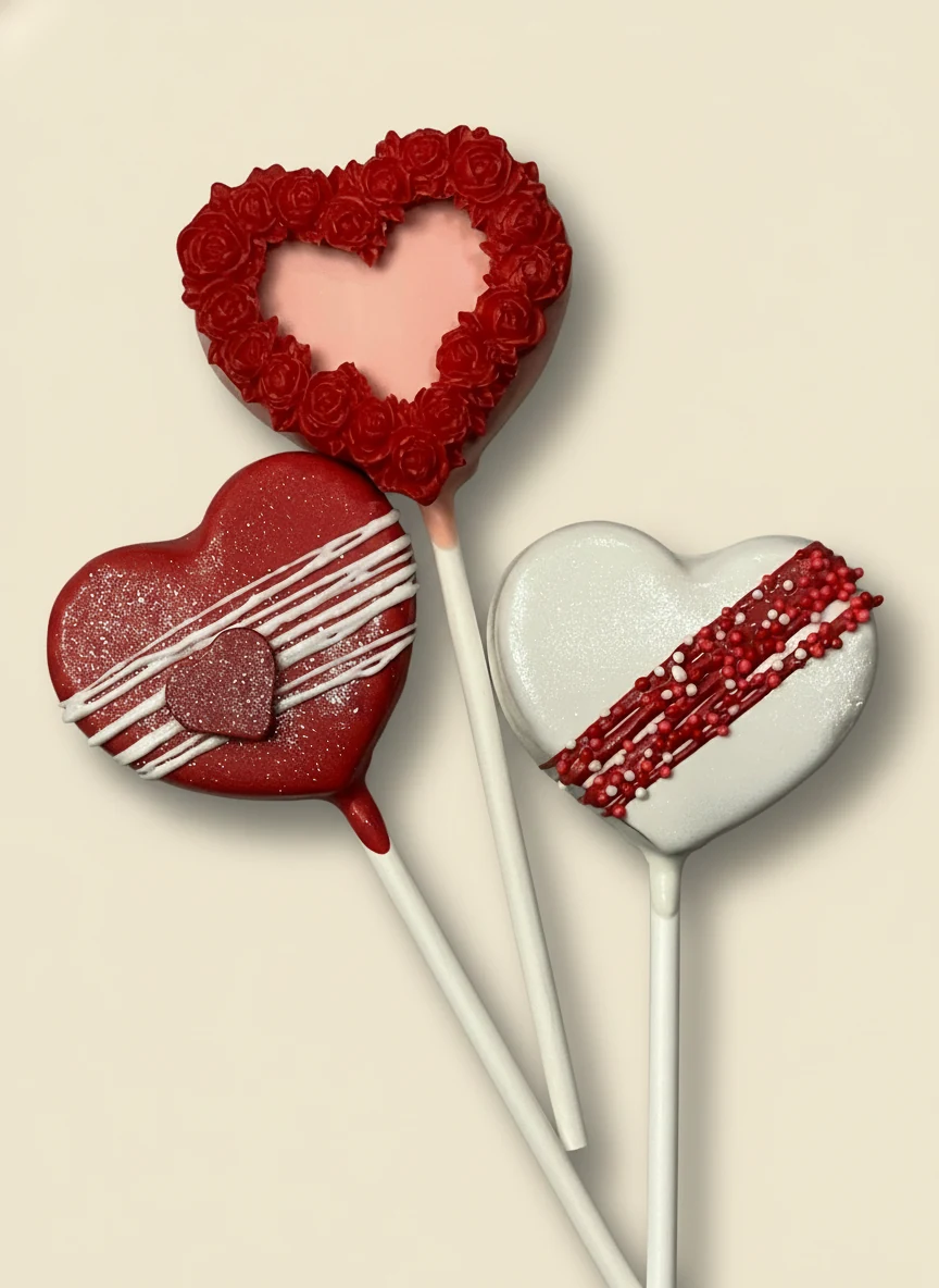 Valentine's heart cake pops with rose border and red glitter finishes.