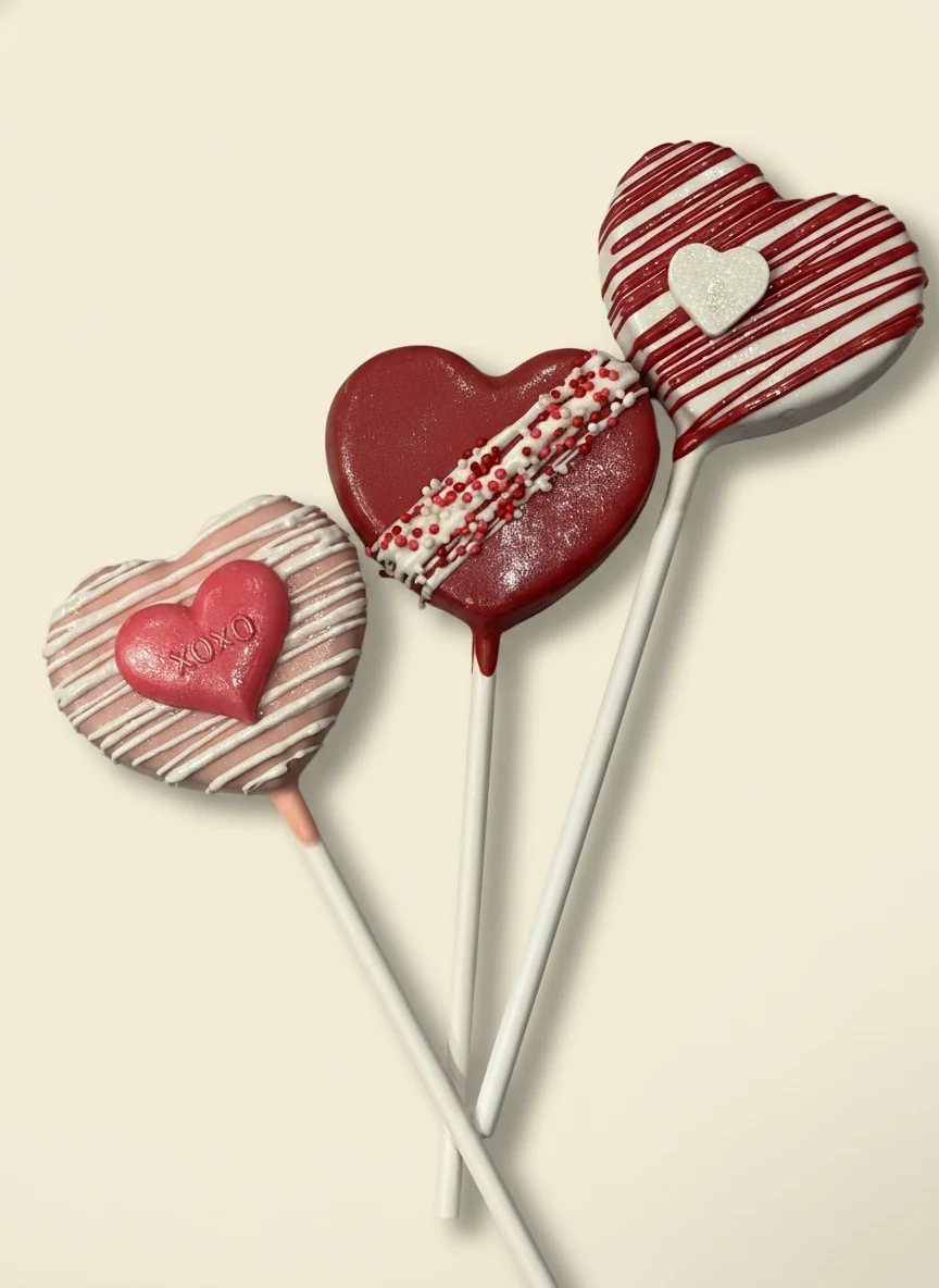 Valentine's heart cake pops with XOXO accents and red sprinkle drizzle.