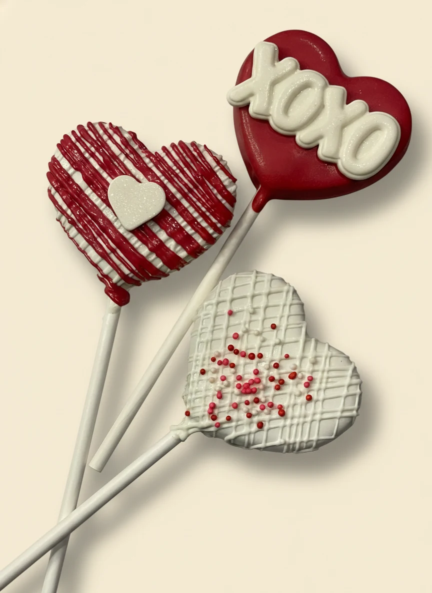 Valentine's heart cake pops in red and white with XOXO chocolate decor.