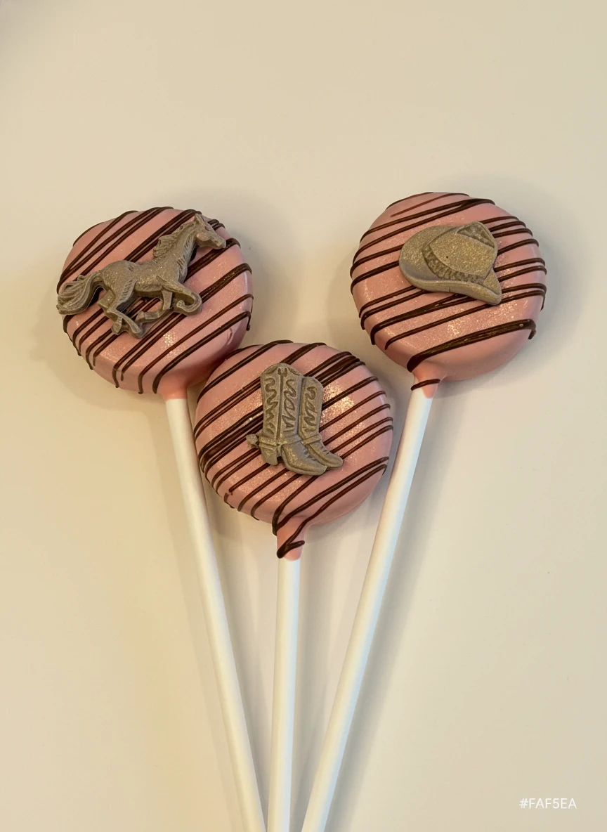 Pink cake pops with chocolate horse, cowboy boot, and cowboy hat decorations.