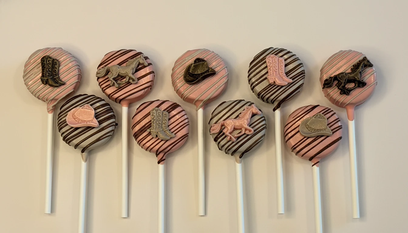 Eight cake pops with western motifs: horses, cowboy boots, and hats.