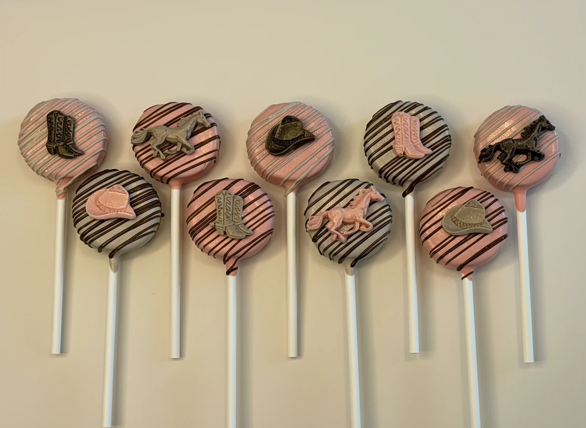 Cake pops with western motifs in pink and white.