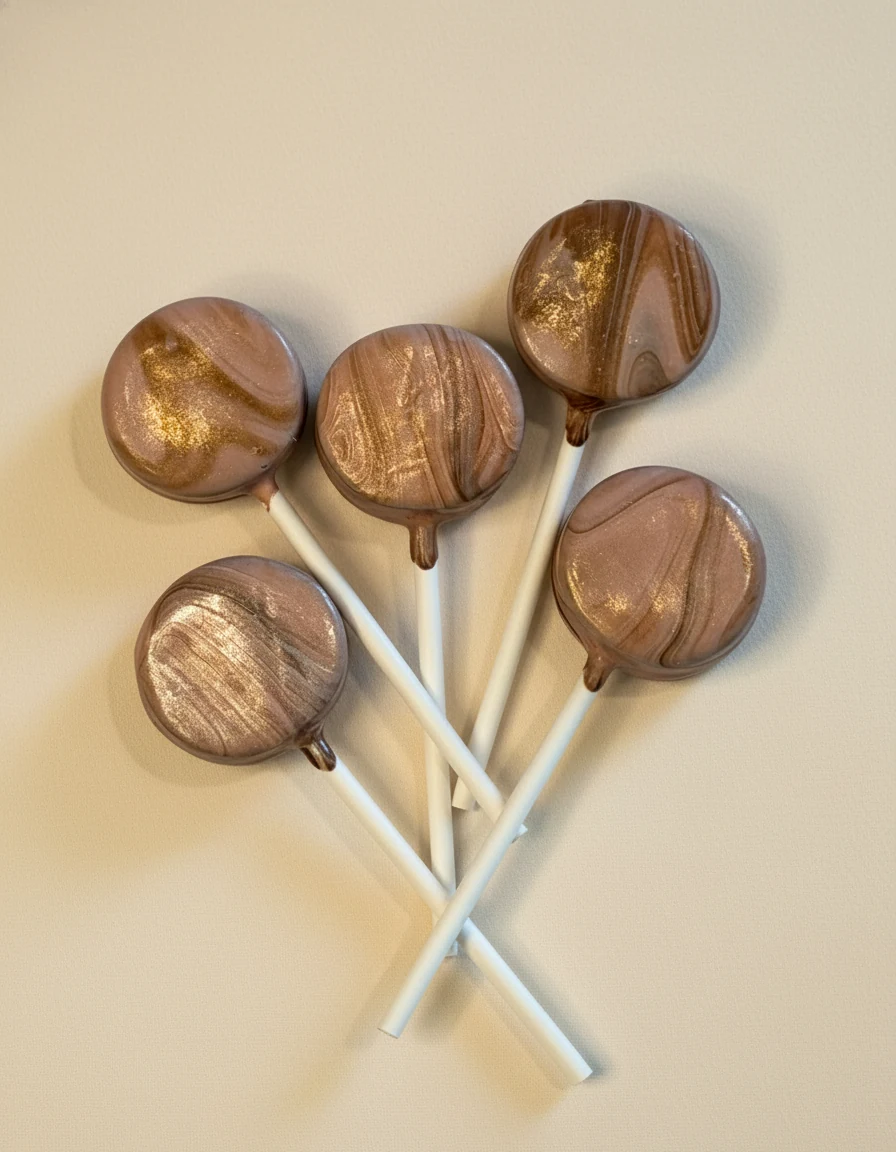 Marbled rose-gold and chocolate cake pops with metallic finish.