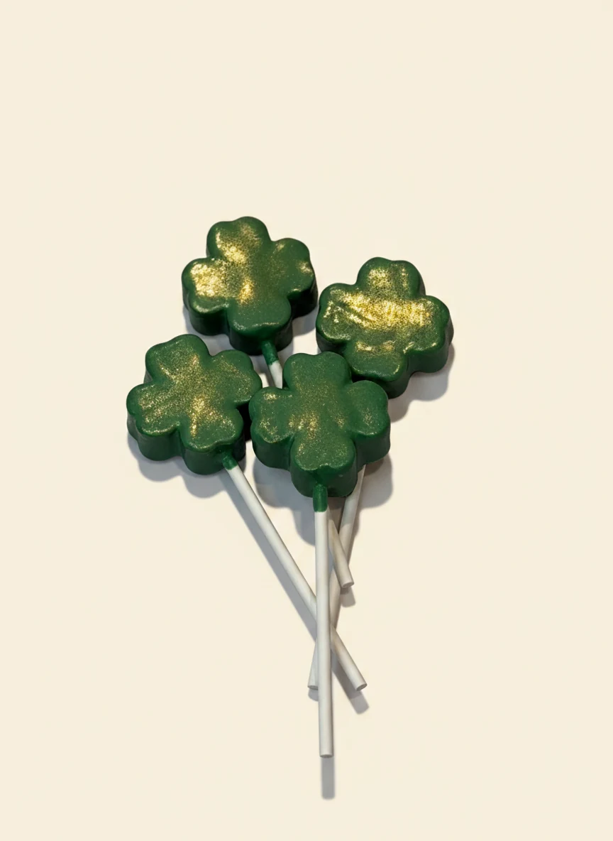 Green four-leaf-clover shaped cake pops with gold sparkle.