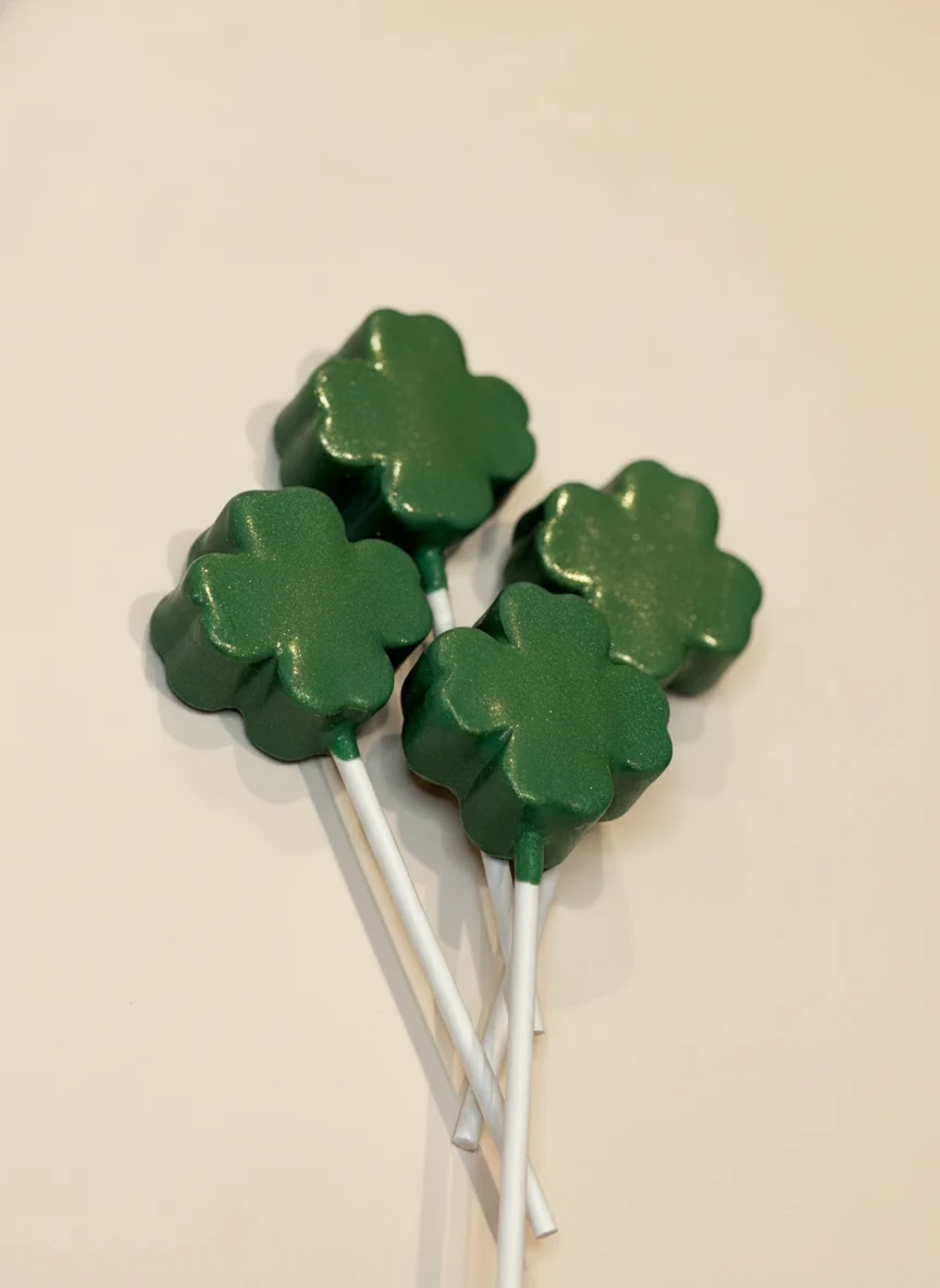 Green four-leaf-clover shaped cake pops.