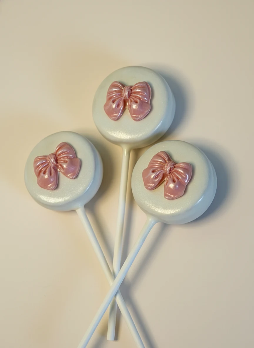 White cake pops with pink chocolate bow accents.