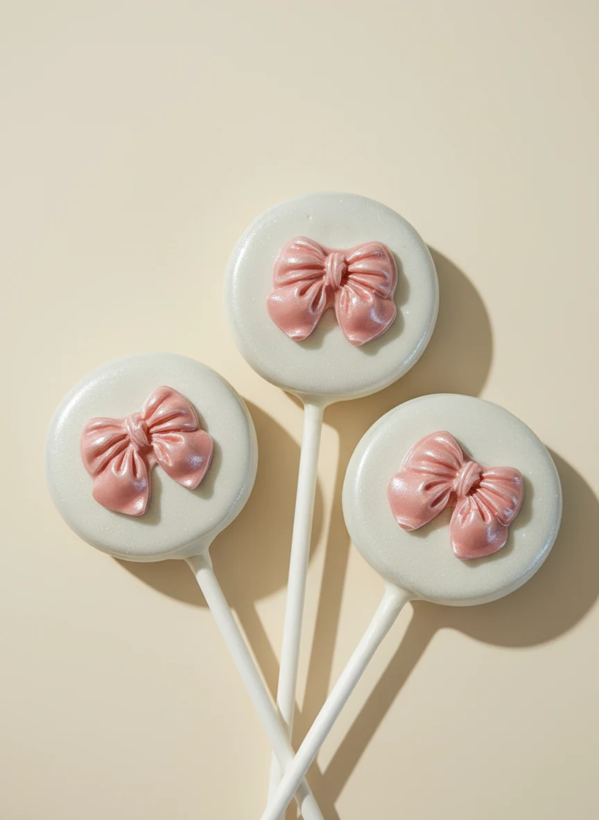 White cake pops with pink chocolate bow accents on cream background.