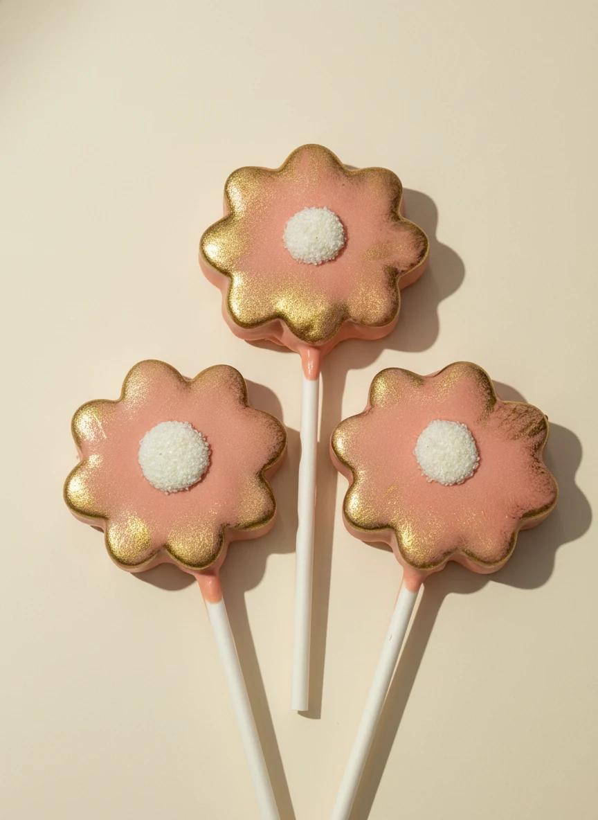 Pink and gold flower-shaped cake pops with white centers.
