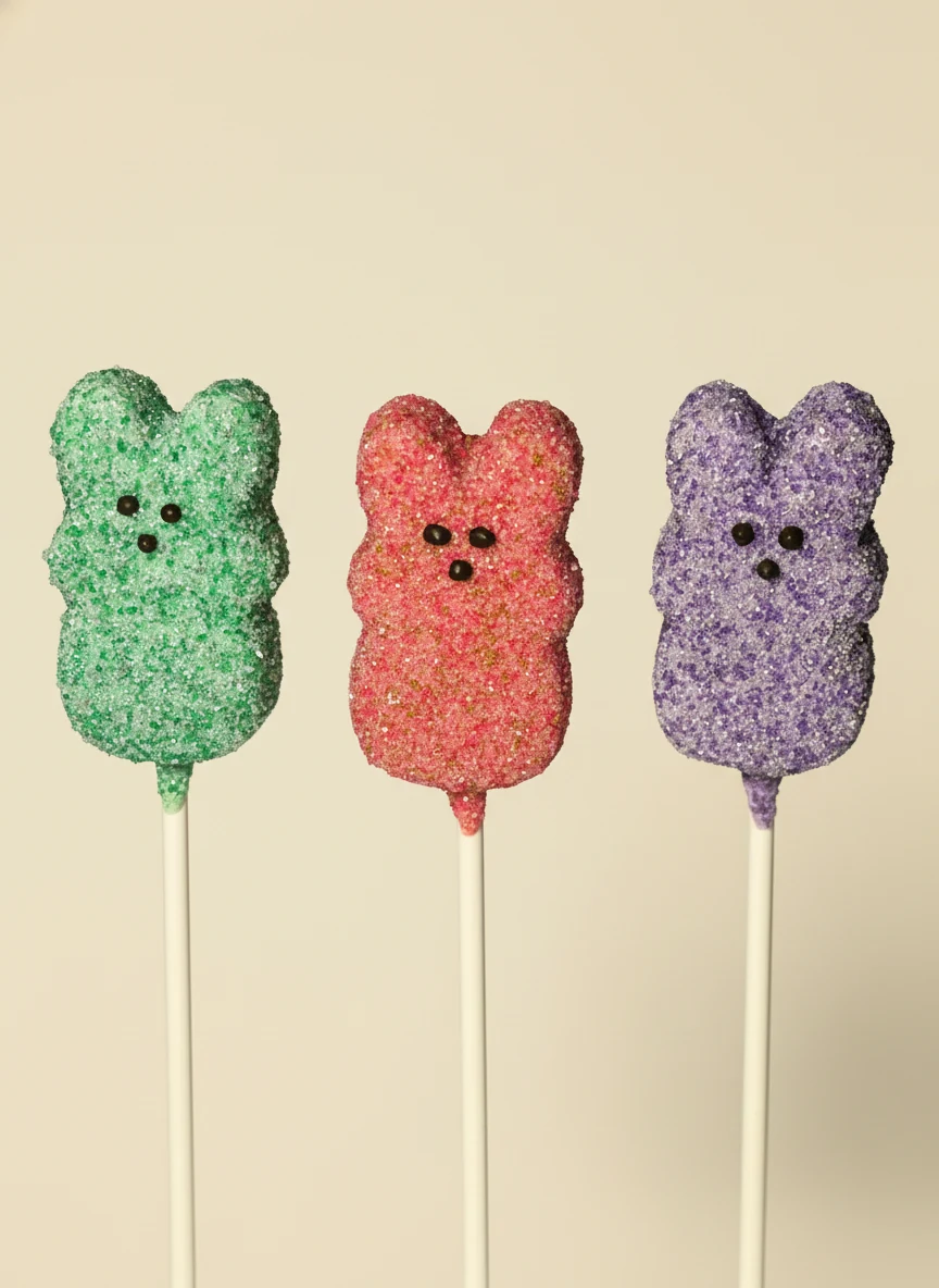 Easter bunny shaped cake pops in pastel green, pink, and purple.