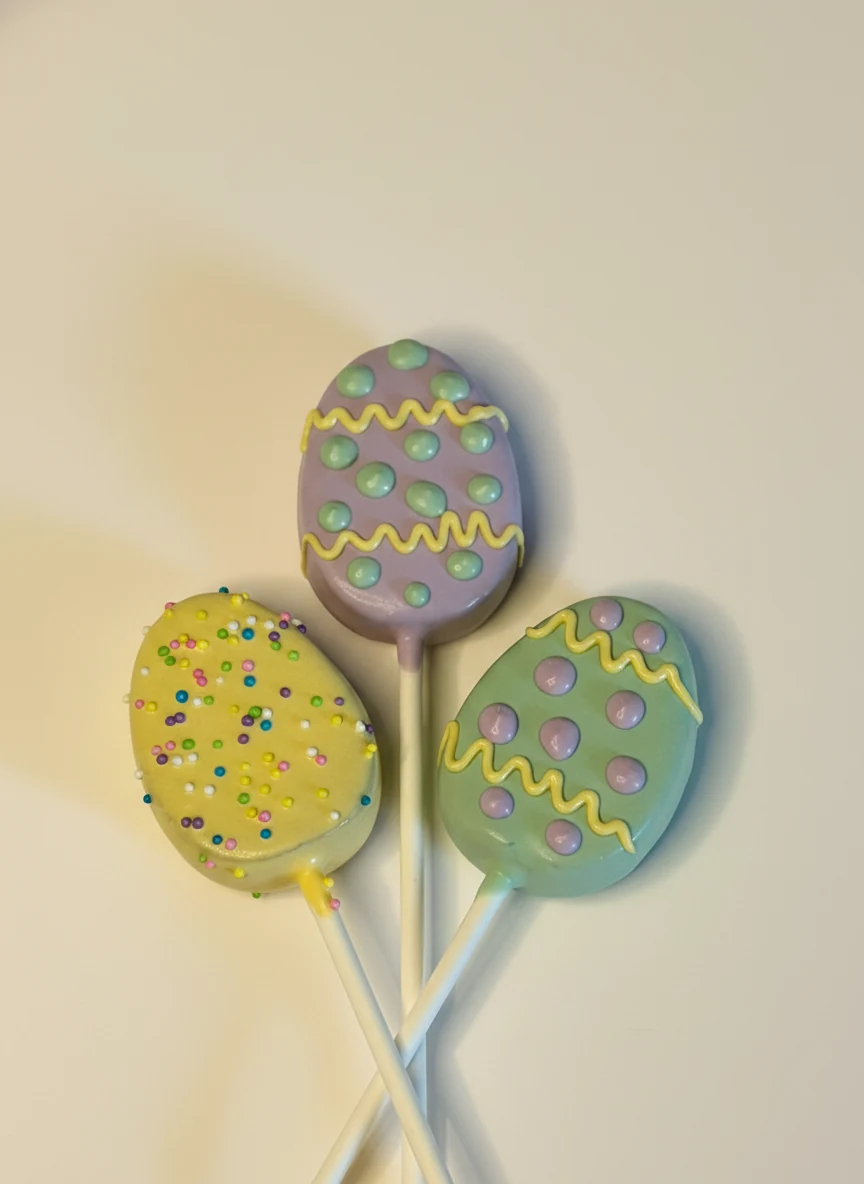 Easter egg shaped cake pops with pastel colors and decorative drizzle.