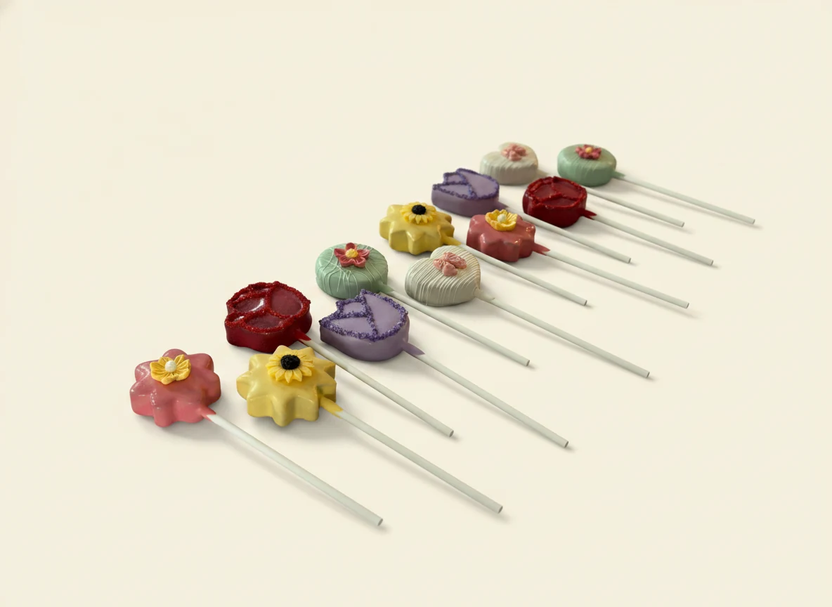 Mixed cake pop arrangement with sunflowers, peace signs, and rose accents.