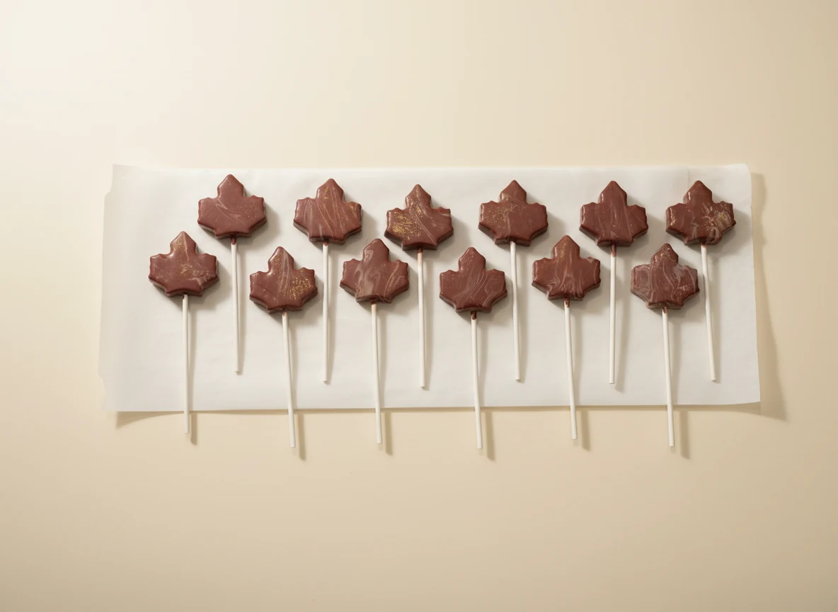 Maple-leaf-shaped chocolate cake pops with marbled finish.