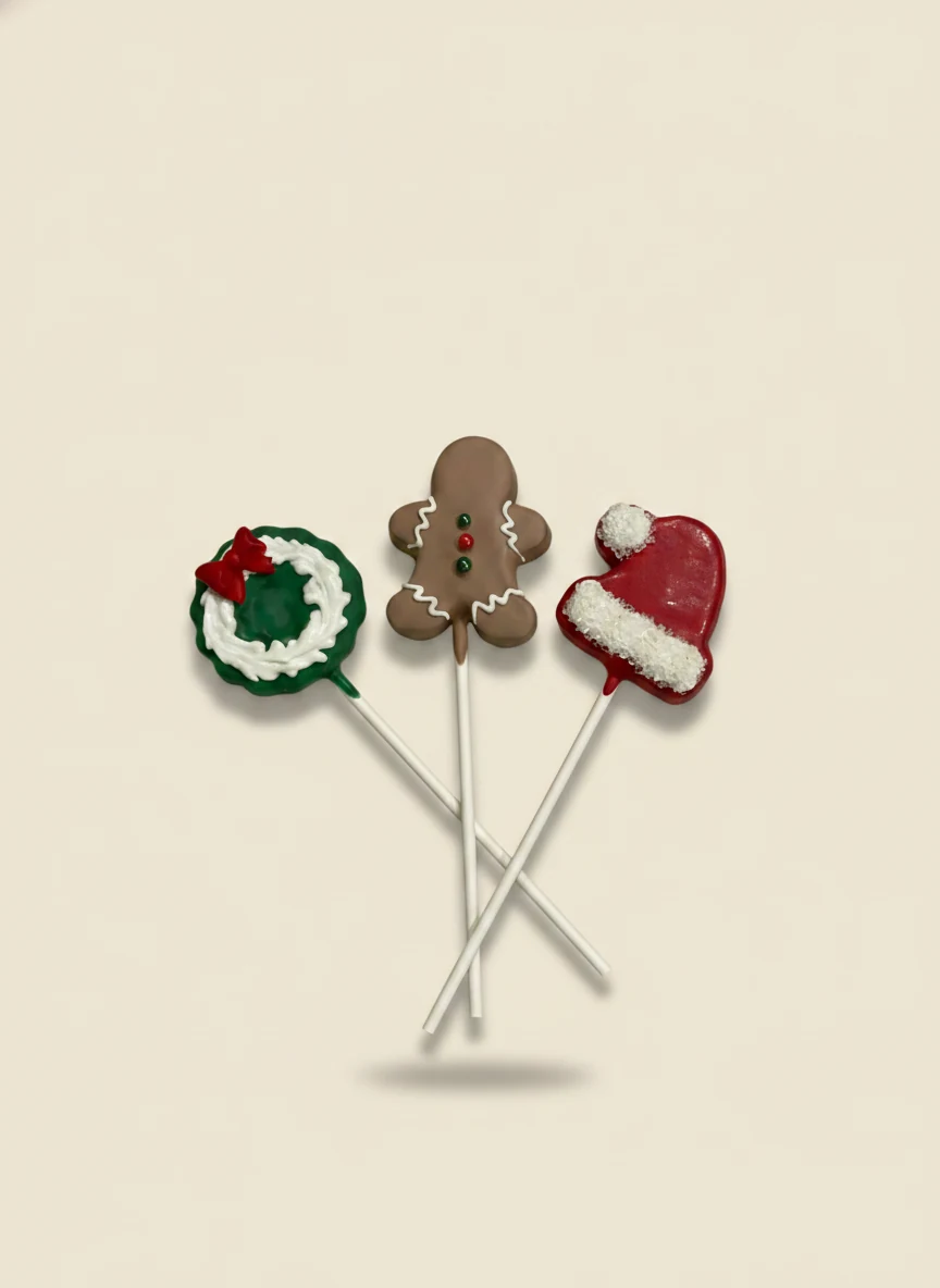 Christmas wreath, gingerbread man, and Santa hat shaped cake pops.