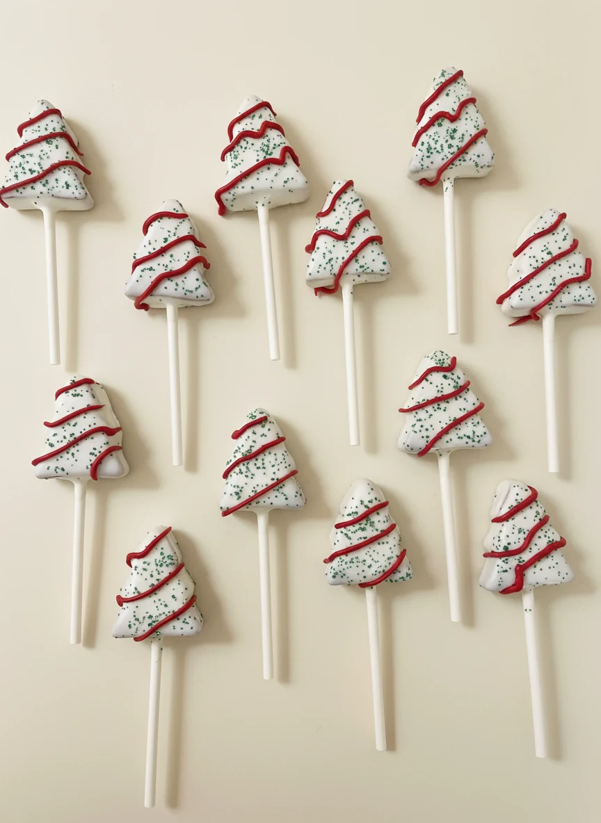 White Christmas tree shaped cake pops with red drizzle and green sprinkles.